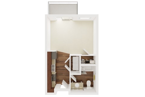 A white and wood floor plan of a small apartment.